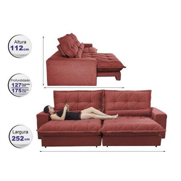 Sofá Retrátil e Reclinável 2,52m com Molas Ensacadas Cama Inbox Soft Tecido Suede Vermelho - 2