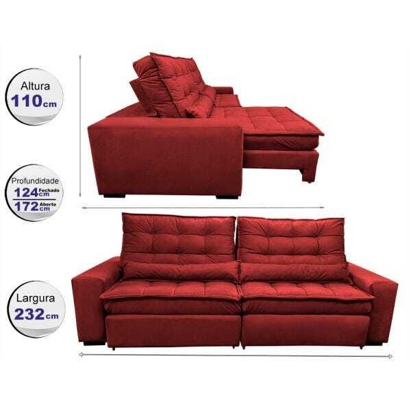 Sofá Retrátil e Reclinável com Molas Ensacadas Cama Inbox Gold 2,32M Tecido Suede Velusoft Vermelho - 2