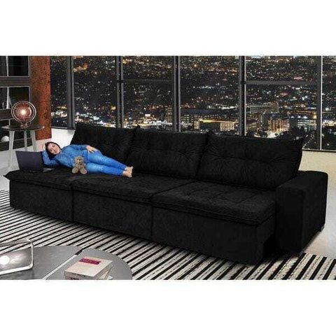 Sofá Austrália 4.12M Retrátil e Reclinável. Molas e Pillow No Assento Tecido Suede Preto Cama