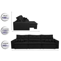 Sofá Cairo 3,52M Retrátil e Reclinável, Molas No Assento e 6 Almofadas Tecido Suede Preto Cama - 2