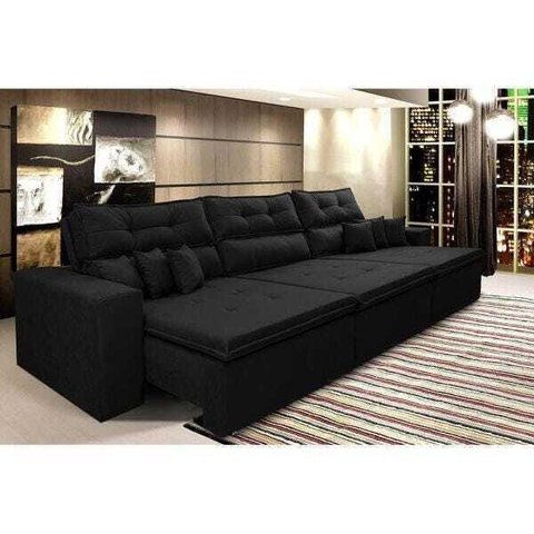 Sofá Cairo 3,52M Retrátil e Reclinável, Molas No Assento e 6 Almofadas Tecido Suede Preto Cama