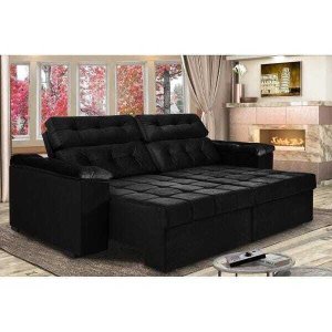 Sofá Retrátil e Reclinável New Austrália 2,25M Tecido Suede Velusoft Preto Cama Inbox