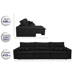 Sofá Cairo 4,12M Retrátil e Reclinável, Molas No Assento e 6 Almofadas Tecido Suede Preto Cama - 2