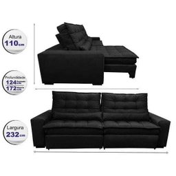 Sofá Retrátil e Reclinável com Molas Ensacadas Cama Inbox Gold 2,32M Tecido Suede Velusoft Preto - 2