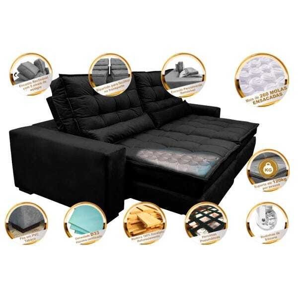 Sofá Retrátil e Reclinável com Molas Ensacadas Cama Inbox Gold 2,52M Tecido Suede Velusoft Preto - 3