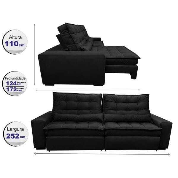 Sofá Retrátil e Reclinável com Molas Ensacadas Cama Inbox Gold 2,52M Tecido Suede Velusoft Preto - 2