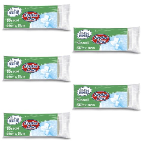 Kit 5 Pacotes Sacos de Lixo Branco para Banheiro e Pia Resistente Reforçado 34cm x 38cm 50 Unidades 