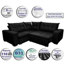 Sofá de Canto Retrátil e Reclinável, Molas Cama Inbox Oklahoma 2,30M x 2,30M Suede Velusoft Preto - 3