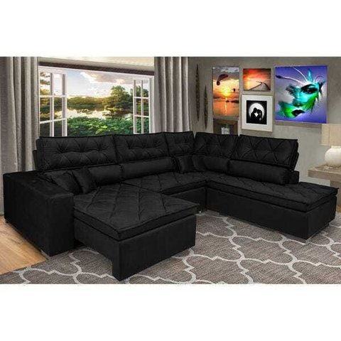 Sofá de Canto Retrátil e Reclinável com Molas Cama Inbox Platinum 3.00x2.36 Tecido Suede Preto