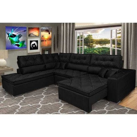 Sofá de Canto Retrátil e Reclinável com Molas Cama Inbox Platinum Esquerdo 3.00x2.36 Suede Preto