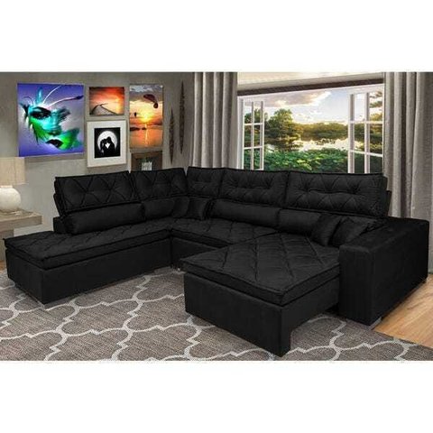 Sofá de Canto Retrátil e Reclinável com Molas Cama Inbox Platinum Esquerdo 3.40x2.36 Suede Preto