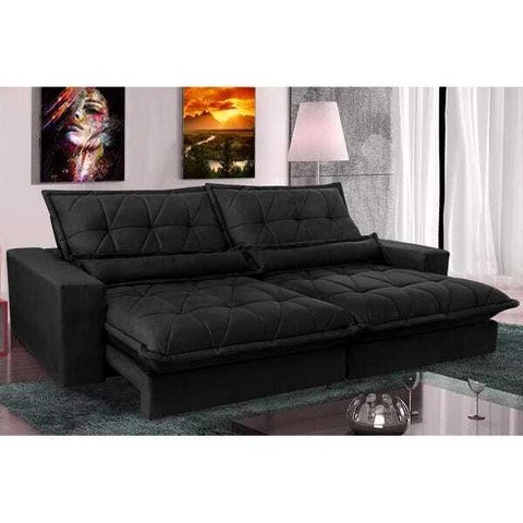 Sofá Retrátil e Reclinável 2,12m com Molas Ensacadas Cama Inbox Soft Tecido Suede Preto