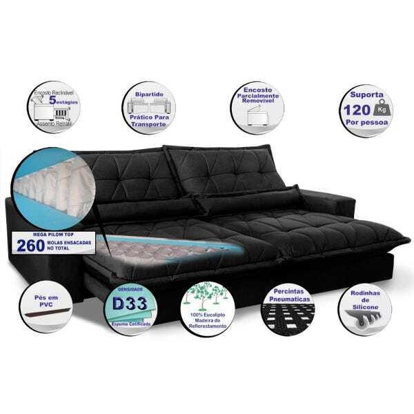 Sofá Retrátil e Reclinável 2,52m com Molas Ensacadas Cama Inbox Soft Tecido Suede Preto - 3