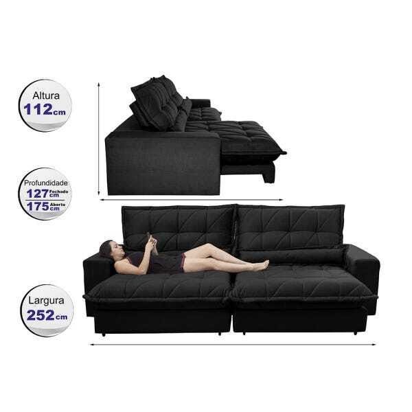 Sofá Retrátil e Reclinável 2,52m com Molas Ensacadas Cama Inbox Soft Tecido Suede Preto - 2