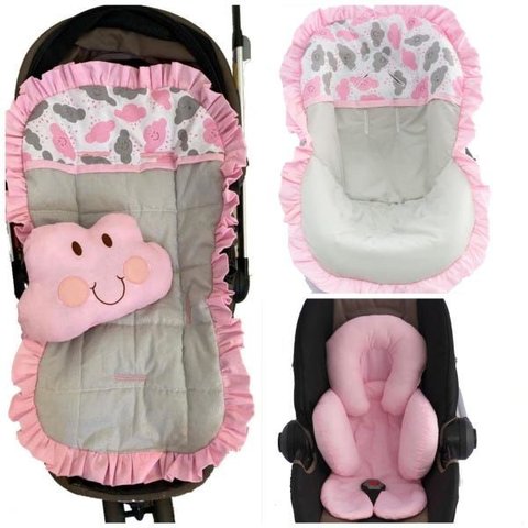 Kit Capa de Carrinho + Bebê Conforto + Apoio Nuvens Rosa