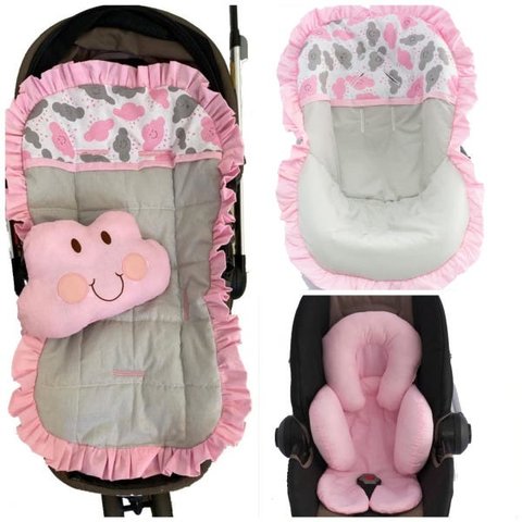 Kit Capa De Carrinho + Bebê Conforto + Apoio Nuvens Rosa