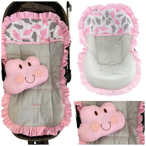 Kit Capa De Carrinho + Capa Bebê Conforto Nuvens Cinza Rosa