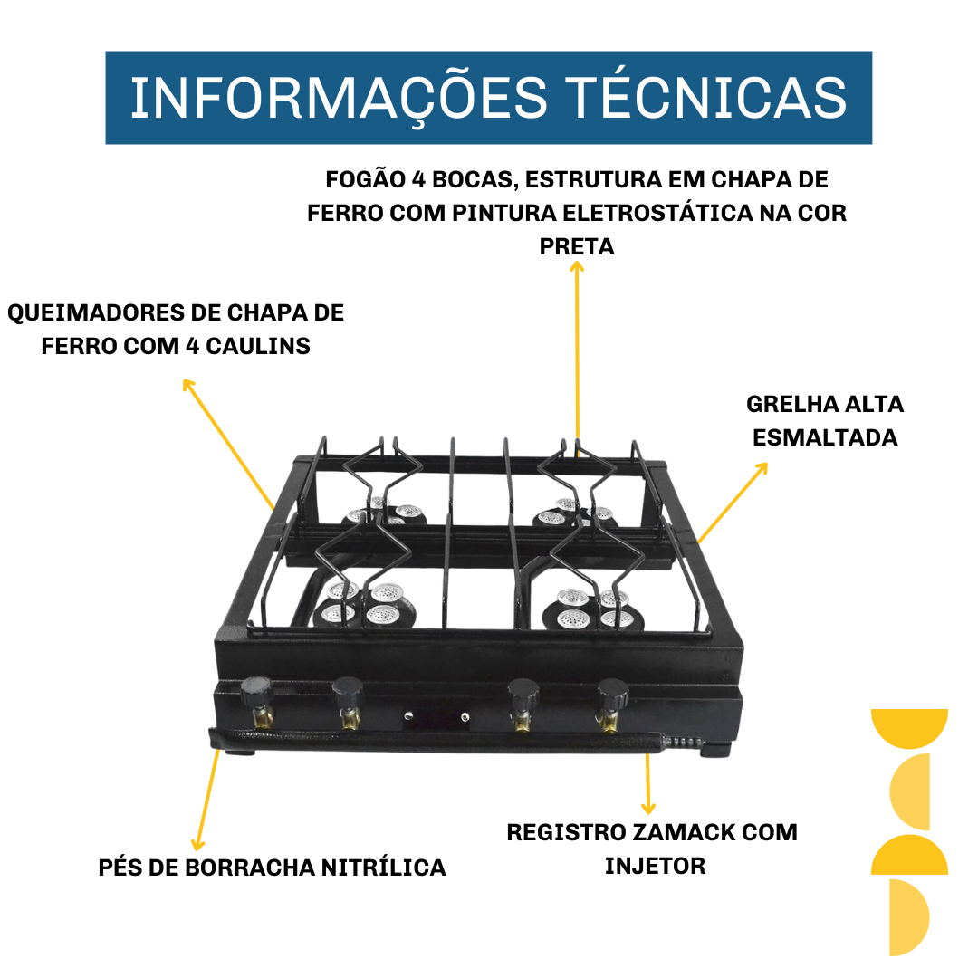 Fogão 4 Bocas a Gás Industrial Alta Pressão Preto Roa - 4