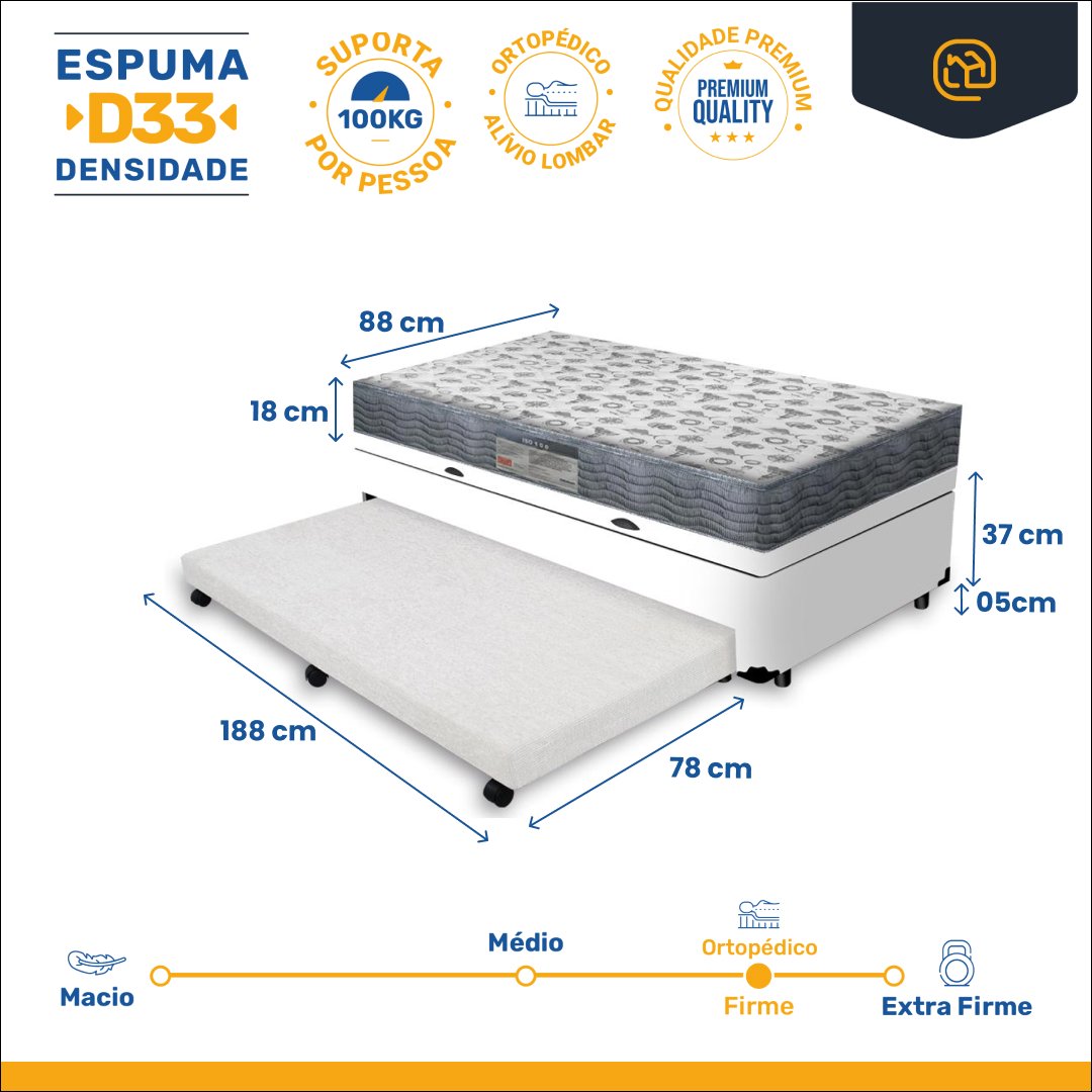 Cama Box Baú com Auxiliar Solteiro + Colchão Ortopédico D33 Ortobom Iso 100 88 Cm - 4