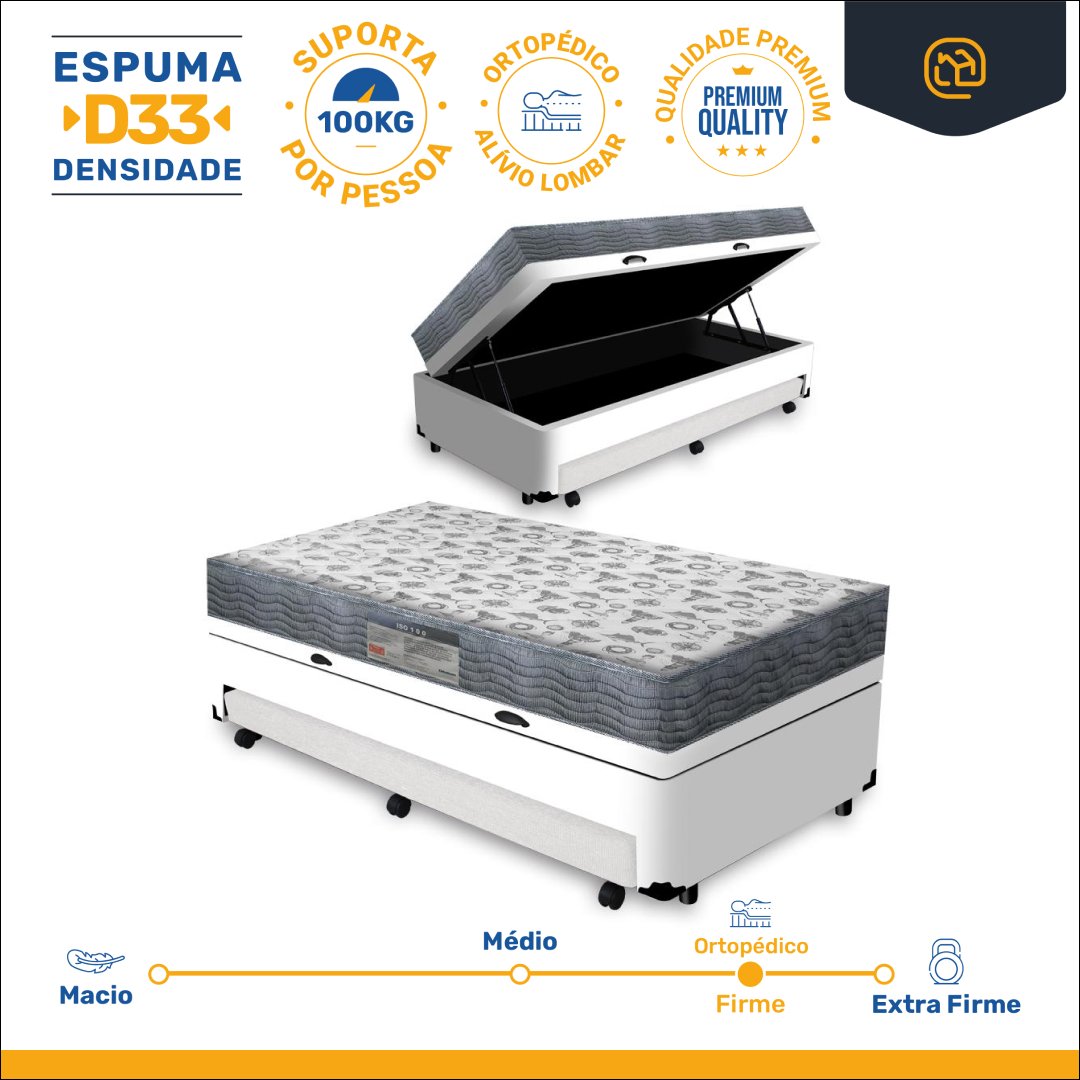 Cama Box Baú com Auxiliar Solteiro + Colchão Ortopédico D33 Ortobom Iso 100 88 Cm - 2