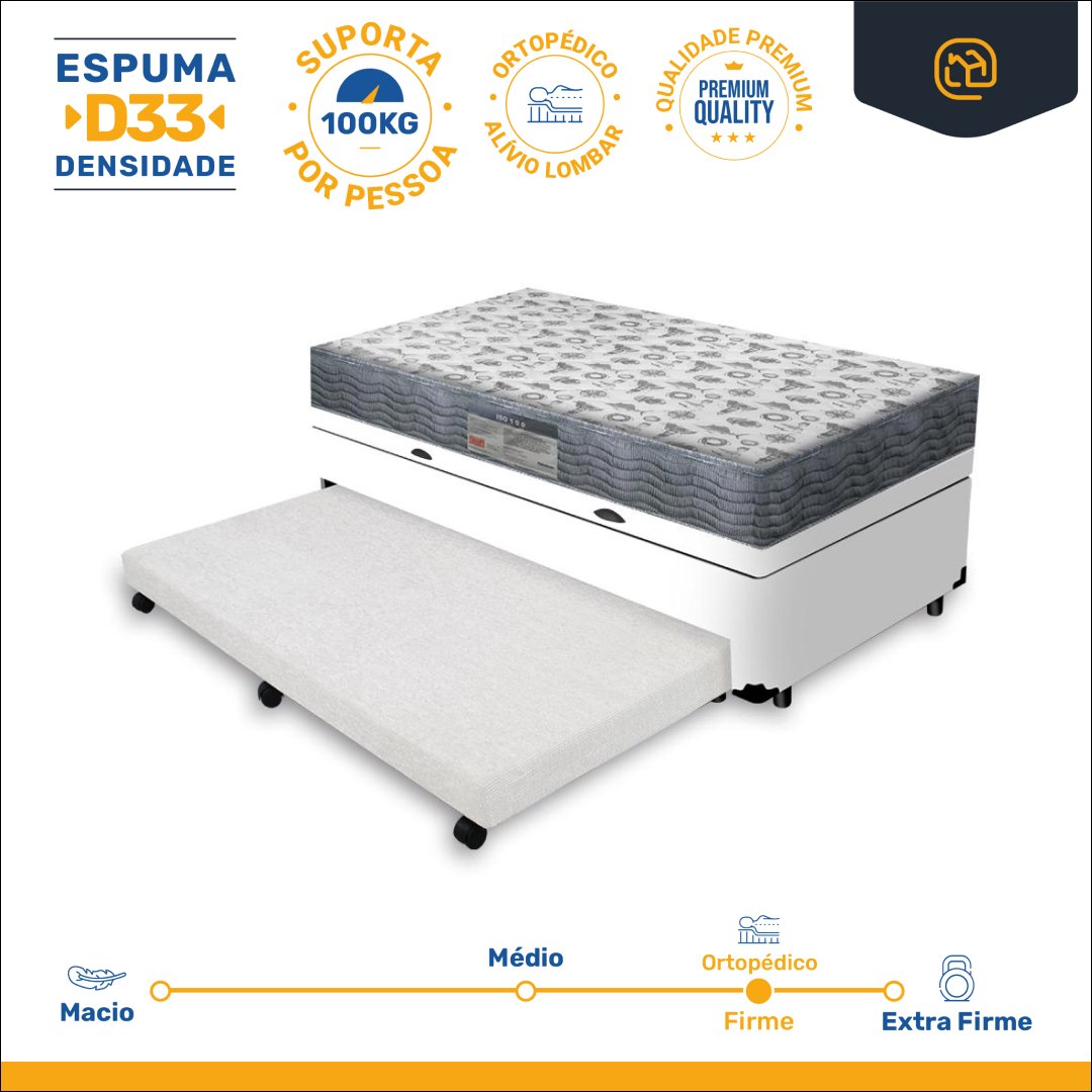 Cama Box Baú com Auxiliar Solteiro + Colchão Ortopédico D33 Ortobom Iso 100 88 Cm - 3