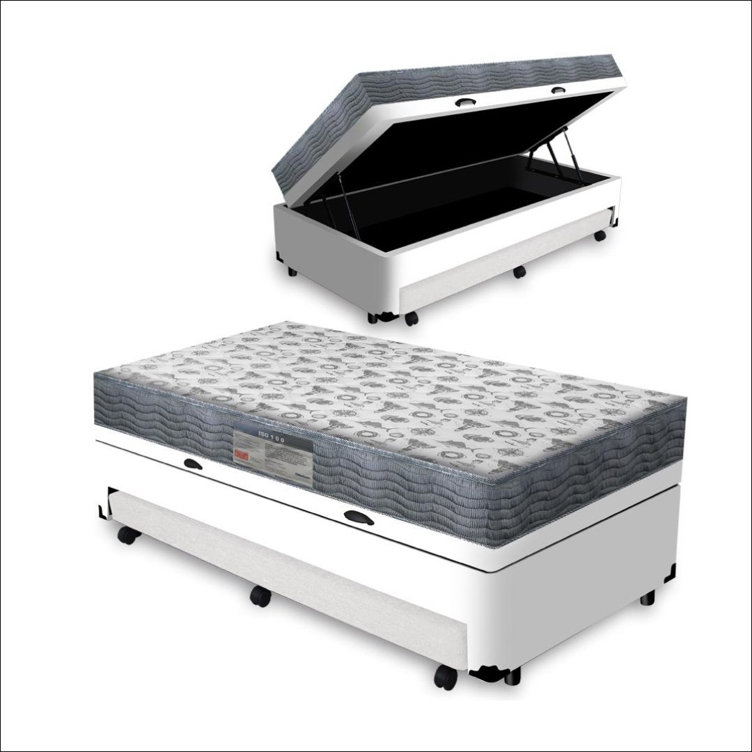 Cama Box Baú com Auxiliar Solteiro + Colchão Ortopédico D33 Ortobom Iso 100 88 Cm