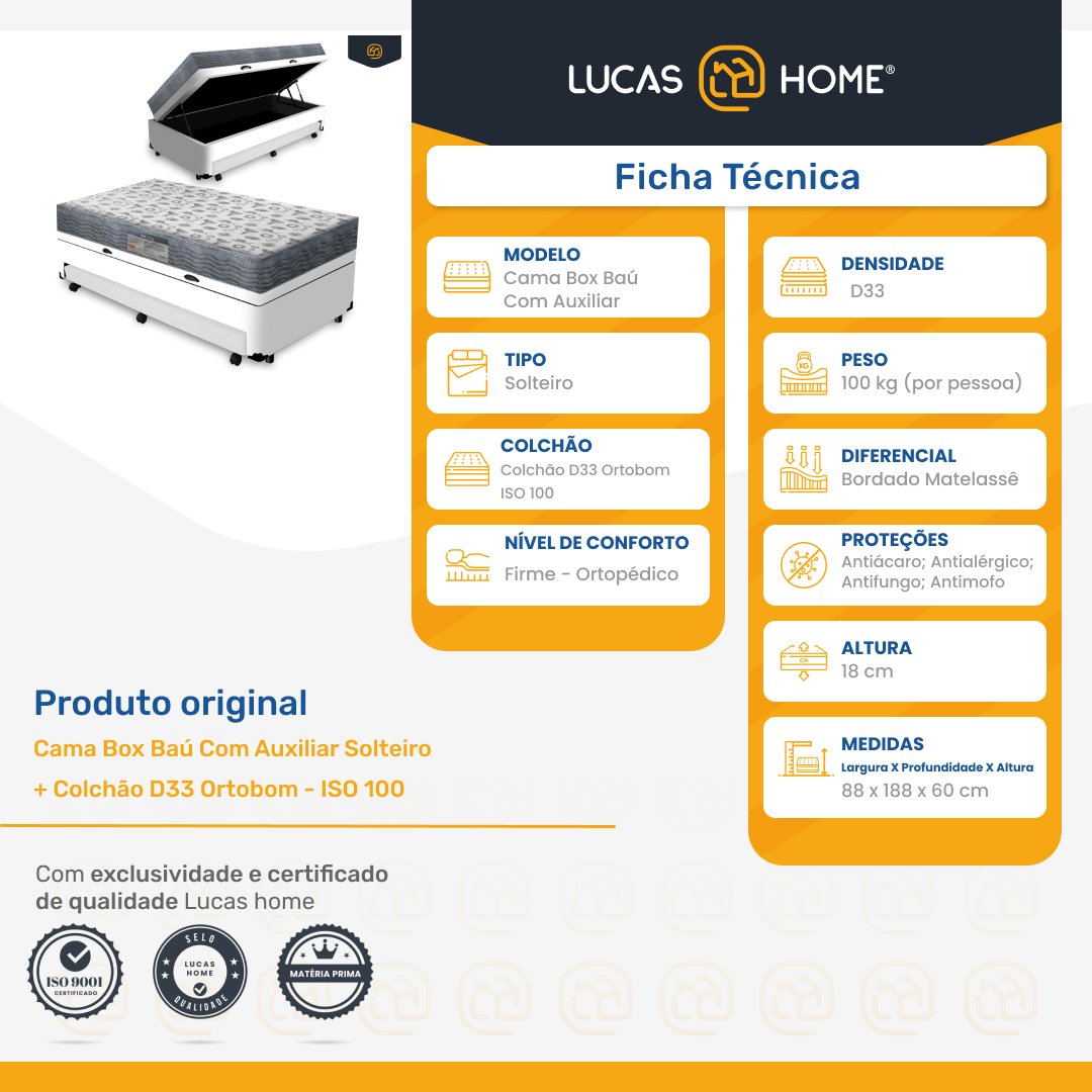 Cama Box Baú com Auxiliar Solteiro + Colchão Ortopédico D33 Ortobom Iso 100 88 Cm - 8