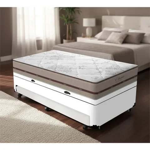 Cama Box Baú e Auxiliar Solteiro + Colchão de Molas Ensacadas Anjos Classic 88 Cm