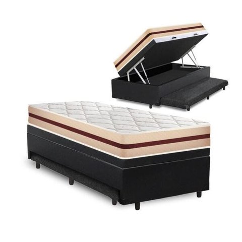 Cama Box Baú e Auxiliar Solteiro + Colchão de Molas Ensacadas Anjos Classic 88x188x64cm