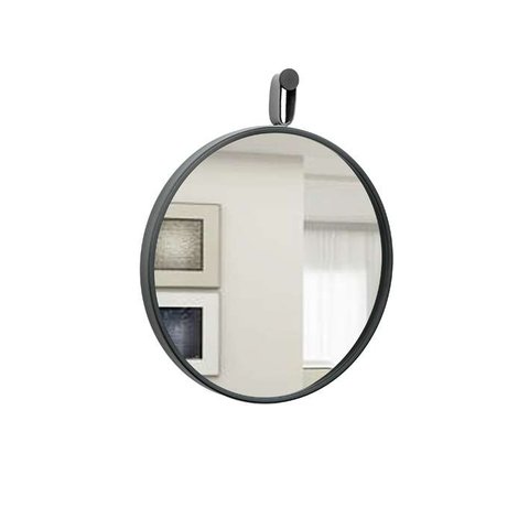 Espelho Decorativo Short Strip Preto Alça Corino Preta 50cm Redondo Preto/Preto, 50 cm