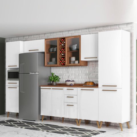 Armário De Cozinha Completa Vidro Reflecta Com Adega 11 Portas 4 Gavetas Favorita Branco/Nature