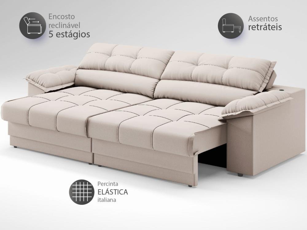 Sofá com Carregador Usb e Molas no Assento Retrátil Reclinável Mimo 2,30m Velosuede Areia - Netsofas - 4