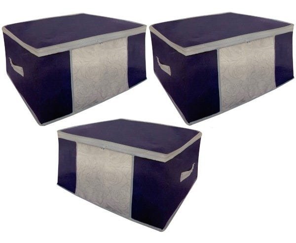 3 Organizadores Tnt Caixa Closet Roupa Cama Edredom Toalha 44cm Azul - 1