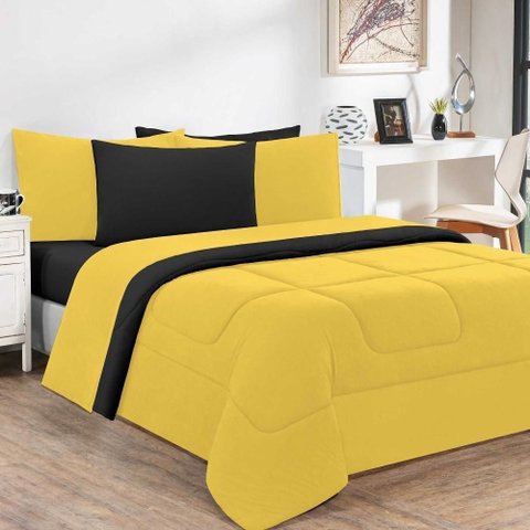 Kit Edredom + Jogo de Lençol Malha 100% Algodão Gran Moratta 7 Peças Queen - Amarelo-preto