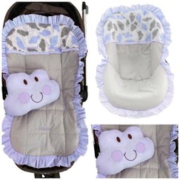 Kit Capa De Carrinho + Capa Bebê Conforto Nuvens Cinza Azul - 1