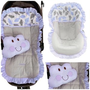 Kit Capa De Carrinho + Capa Bebê Conforto Nuvens Cinza Azul