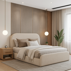 Cama Estofada Casal Cabeceira Arredondada Estilo Minimalista Cor Ocre Luxuosa