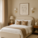 Ver imagem 2 de Cama Estofada Casal Cabeceira Arredondada Estilo Minimalista Cor Ocre Luxuosa