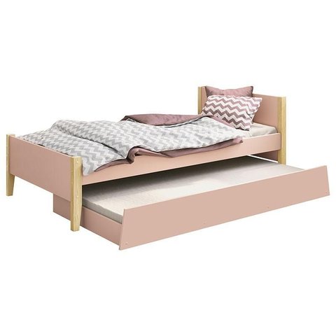 Cama Solteiro com Auxiliar Simba Rosa Acetinado com Pés Natural – Reller