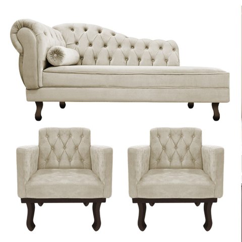 Kit Diva Recamier Juliana 160cm Lado Direito e 02 Poltronas Classic Linho Bege - Amarena Móveis