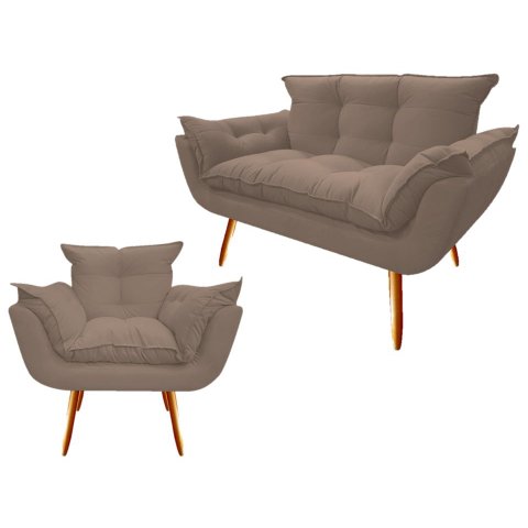 Kit Namoradeira + Poltrona Decorativa Opala Suede Capuccino Pés Madeira Mz Decor