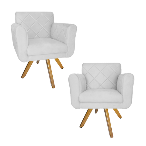 Conjunto 2 Poltrona Decorativa Com Base Giratória De Madeira Isabella Suede Branco - LM DECOR