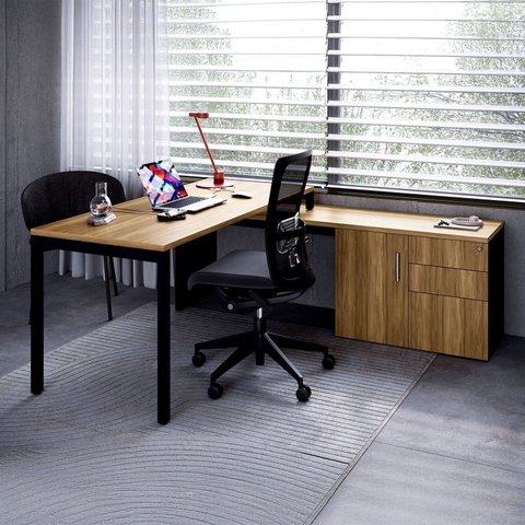 Mesa para Escritório com Balcão Lateral Porta e com Chave 3 Gavetas 160cm Executive Nogal e Preto Marrom
