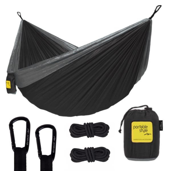 Rede de Camping Hamaca Portátil Dupla C/Corda Portable Style:Preto - Cinza - 1