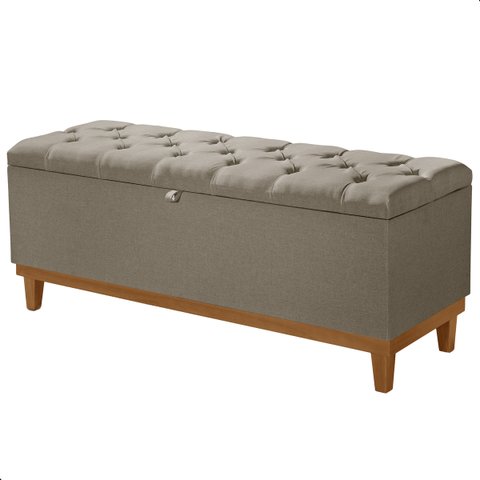 Recamier Baú Dubai Linho Marrom Queen 1,50m Estofado Base Madeira