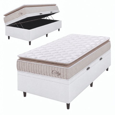 Cama Box Baú Colchão Solteiro Molas Ensacadas City Pillow Top 88x188x64cm Branco / Bege