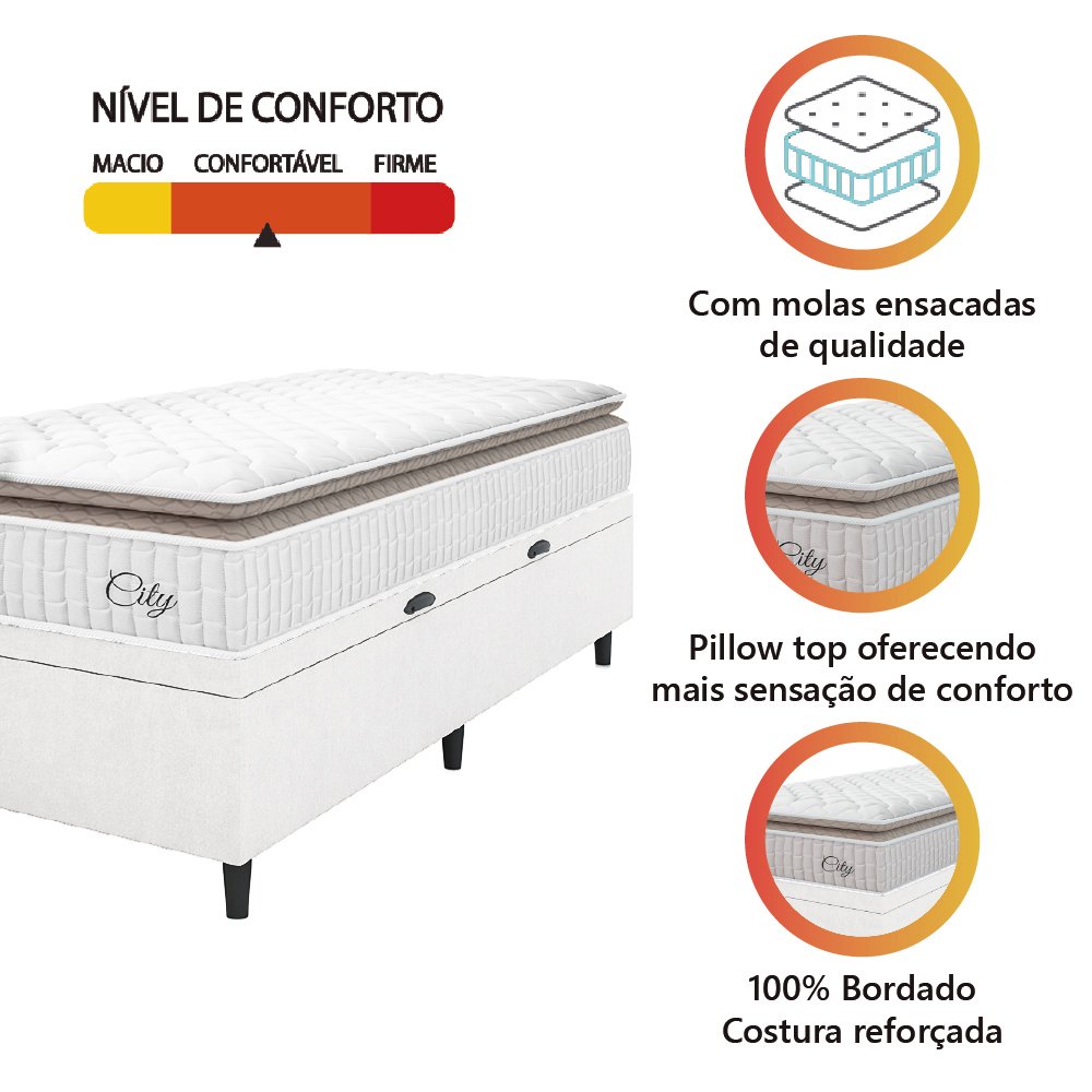 Cama Box Baú Colchão Solteiro Molas Ensacadas City Pillow Top 88x188x64cm Linho Branco / Bege - 6