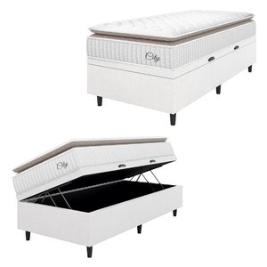 Cama Box Baú Colchão Solteiro Molas Ensacadas City Pillow Top 88x188x64cm Linho Branco / Bege