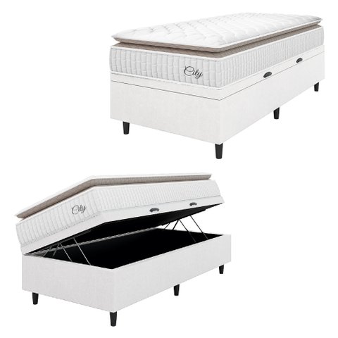 Cama Box Baú Colchão Solteiro Molas Ensacadas City Pillow Top 88x188x64cm Linho Branco / Bege