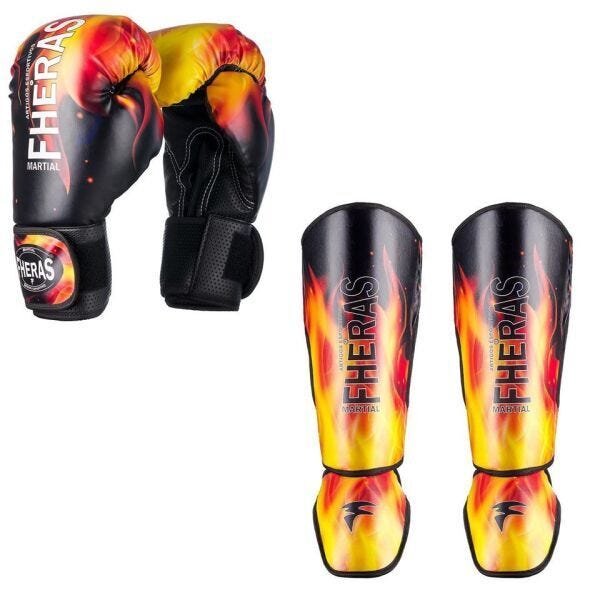 Kit Boxe Muay Thai Luva Caneleira Gladiador Fheras Fire - 1